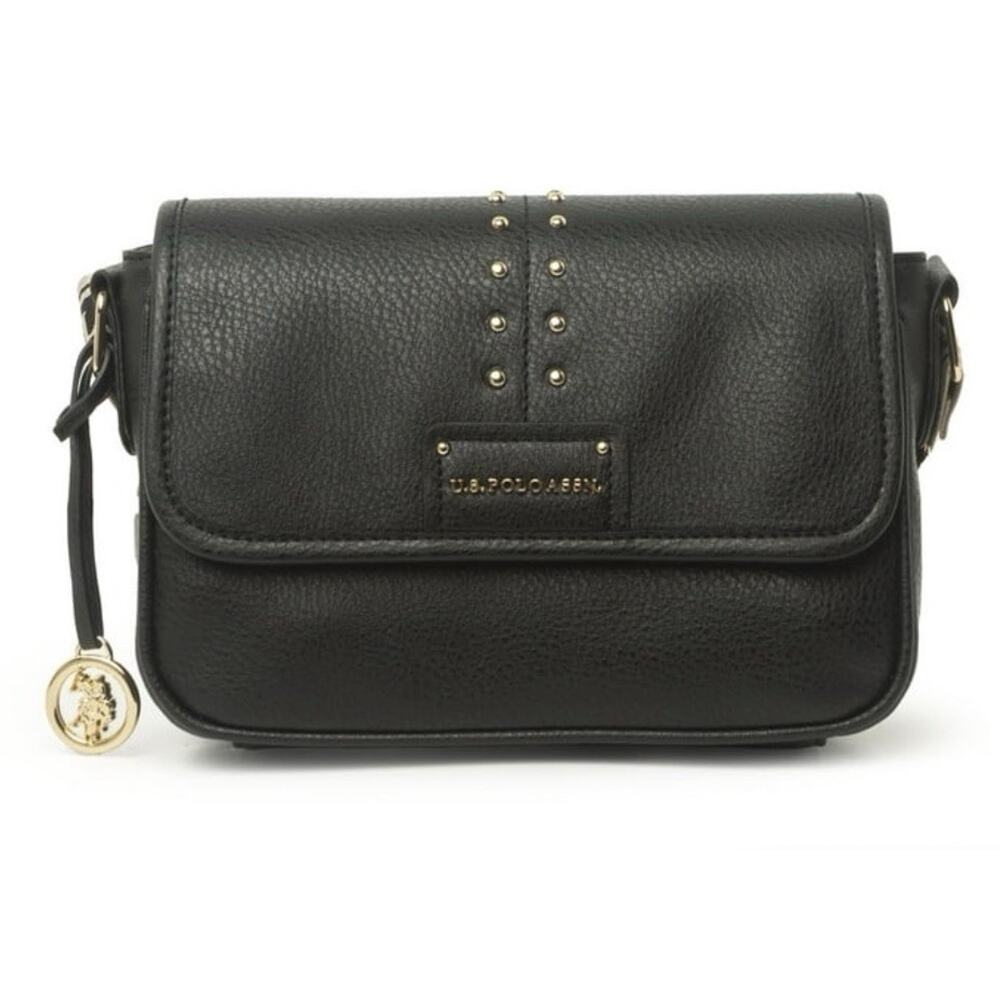 U.S. Polo Assn. Crossbody Bag Studded Flap Black Gold Hardware Logo Strap